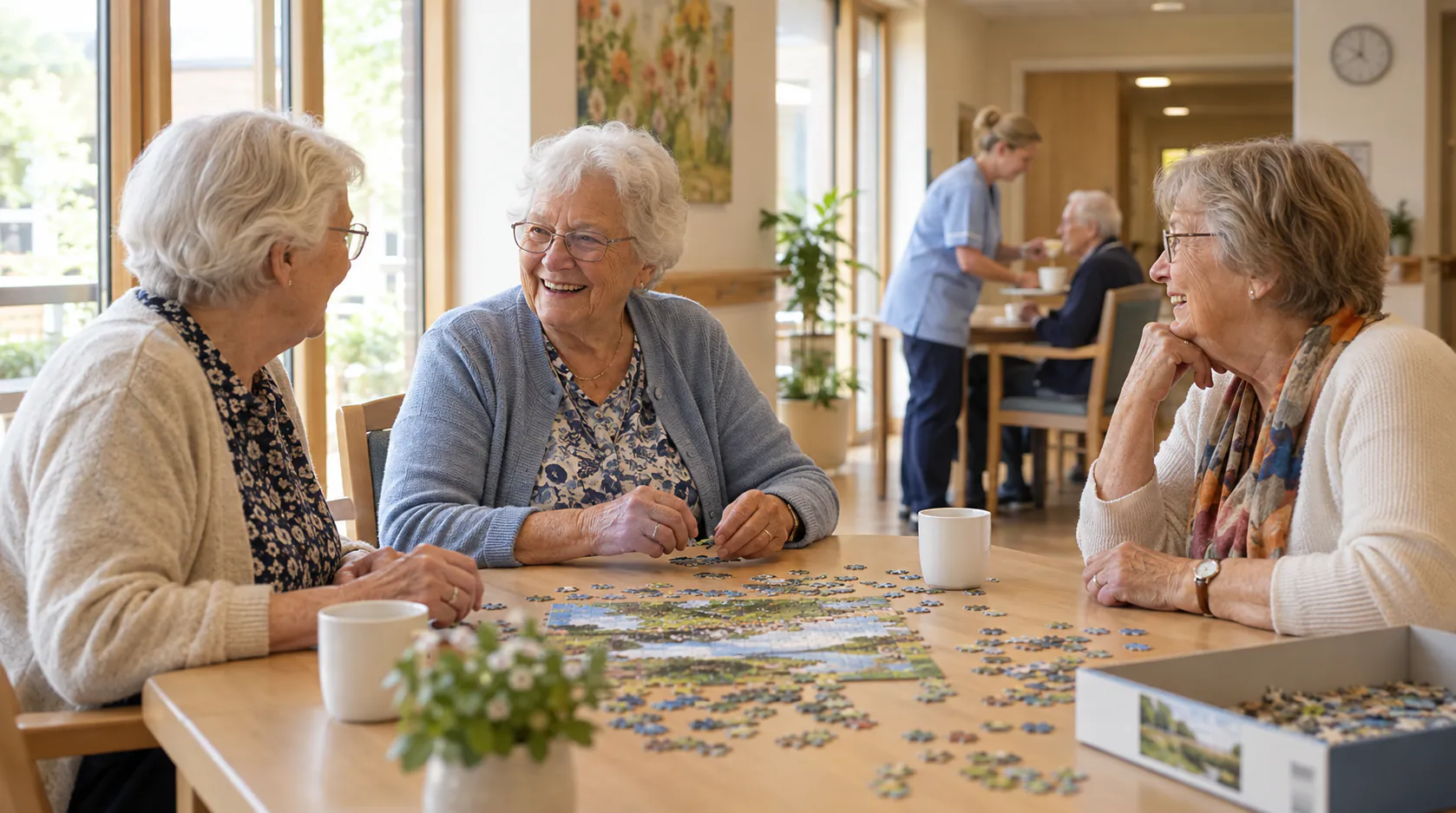 Drie bewoners puzzelen samen aan een tafel in een woonzorgcentrum, terwijl een zorgmedewerker op de achtergrond een drankje serveert